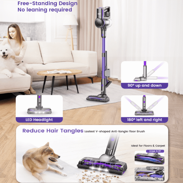 Aspiradora Inalámbrica 45kPa con Motor sin Escobillas, Aspiradora de Varilla 6 en 1 Liviana para Pisos Duros, Alfombras, Pelo de Mascotas, S7P Violeta - Imagen 3