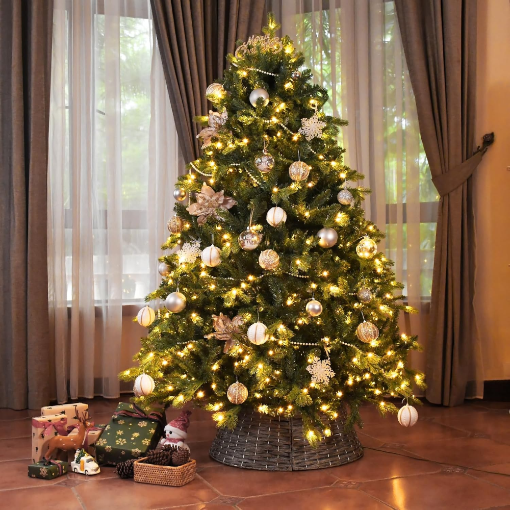 Árbol de Navidad artificial abeto azul 1,8 m, con 500 luces LED cálidas,  1878 ramas PE/PVC, bisagras y base metálica plegable. | familyoutletcr.com, image size:1000x1000