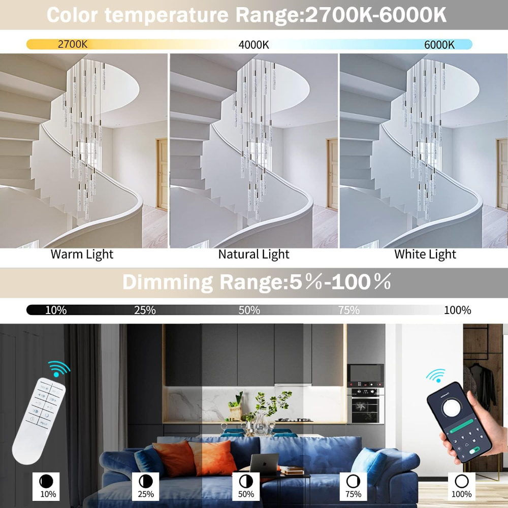 Candelabros modernos ajustables de 13 pies, ideales para entradas y salas de villas. Regulables con control remoto, luz cálida 2700K para techos altos. - Imagen 3