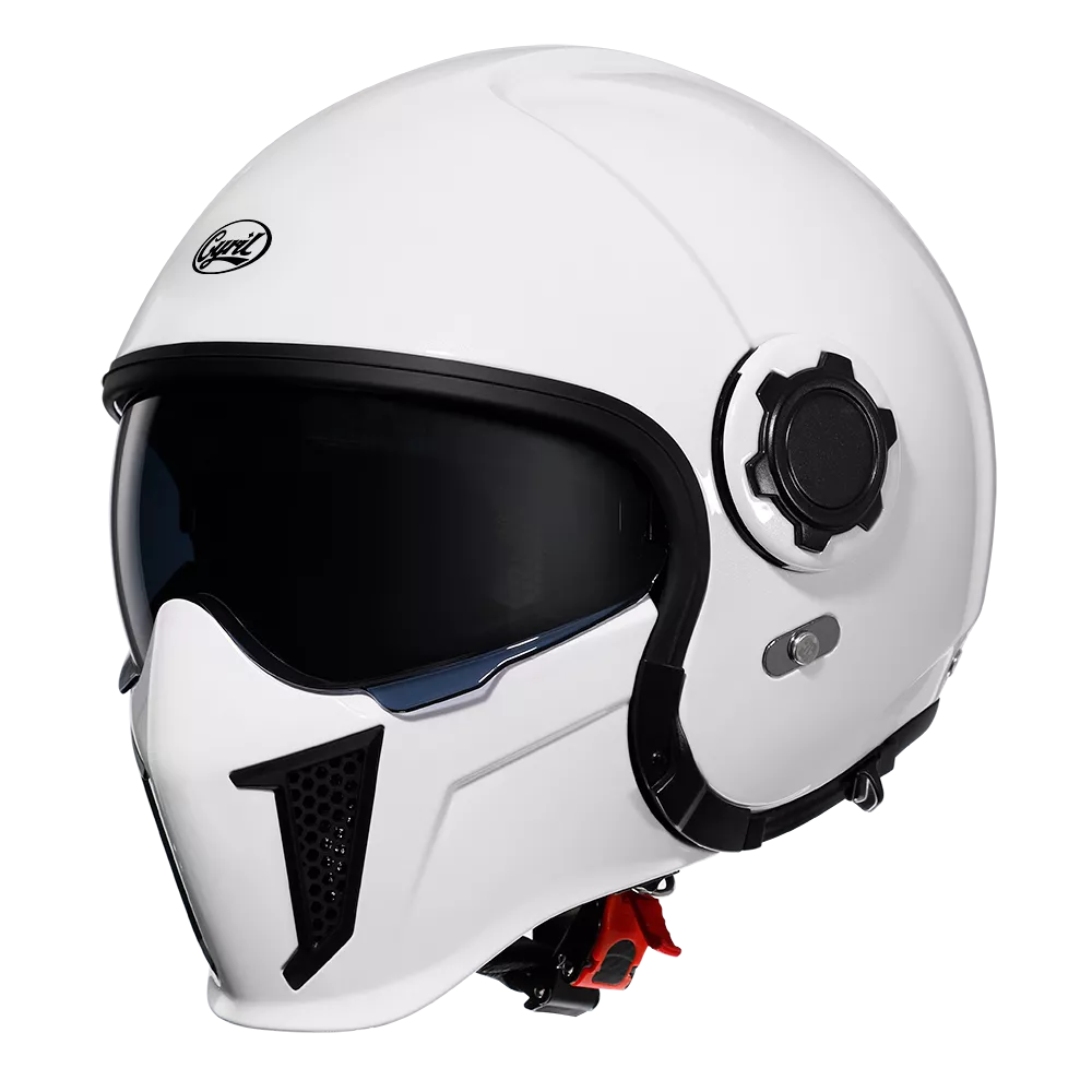 CYRIL HELMETS Casco retro blanco brillante con visor integrado y máscara frontal desmontable; ligero, cómodo y estilo urbano