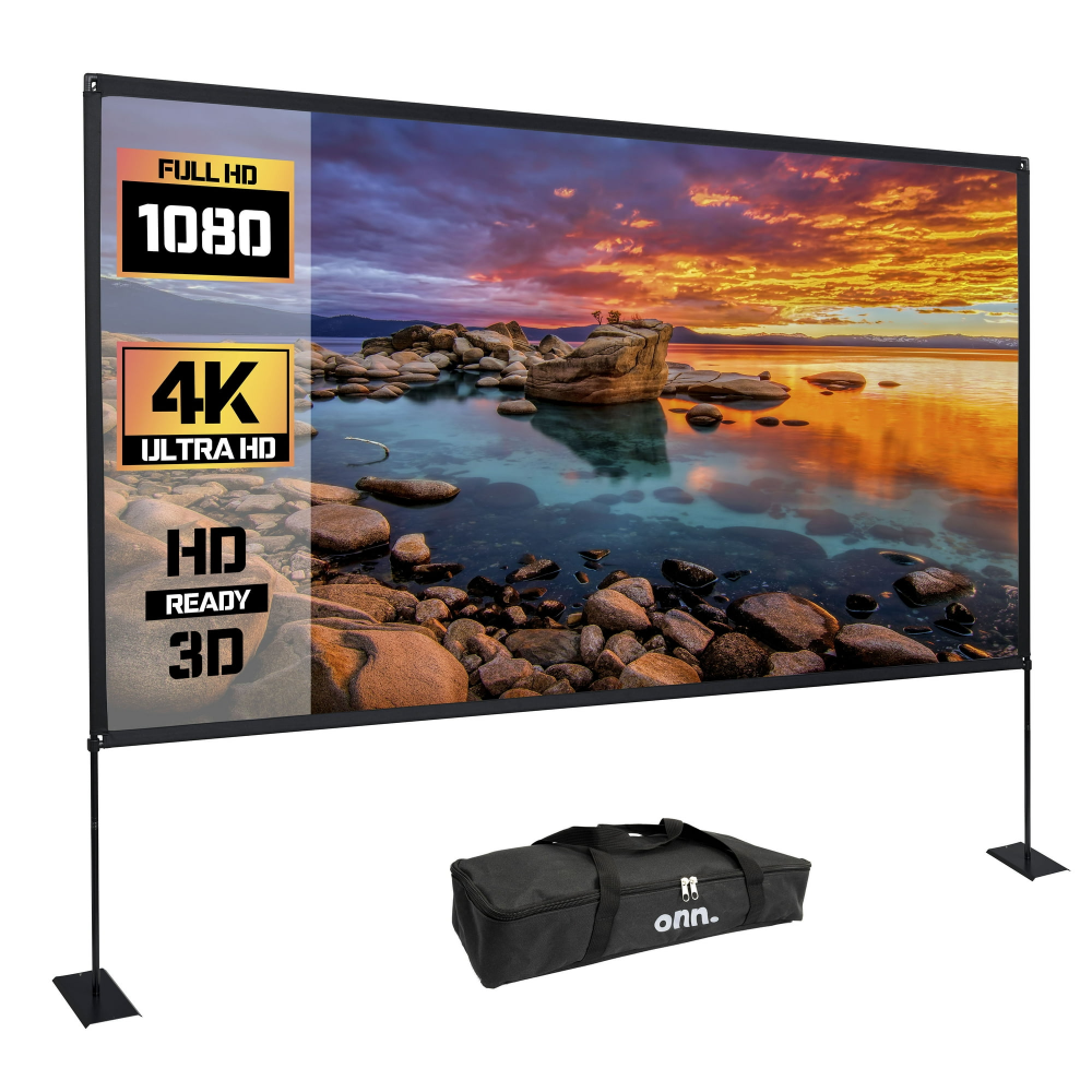 Pantalla ONN 120" 16:9 portátil con soporte, ideal para cine en casa o exterior, montaje rápido y visual nítida en gran formato.