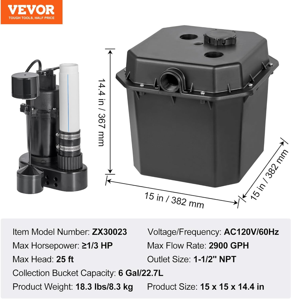 VEVOR Bomba sumergible 1HP, caudal 3700 GPH, motor de cobre, altura máx 36 pies, interruptor flotador, carcasa acero inoxidable, ideal para inundaciones, sótanos, piscinas y pozos. - Imagen 2