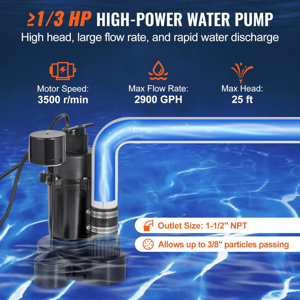 VEVOR Bomba sumergible 1HP, caudal 3700 GPH, motor de cobre, altura máx 36 pies, interruptor flotador, carcasa acero inoxidable, ideal para inundaciones, sótanos, piscinas y pozos. - Imagen 5