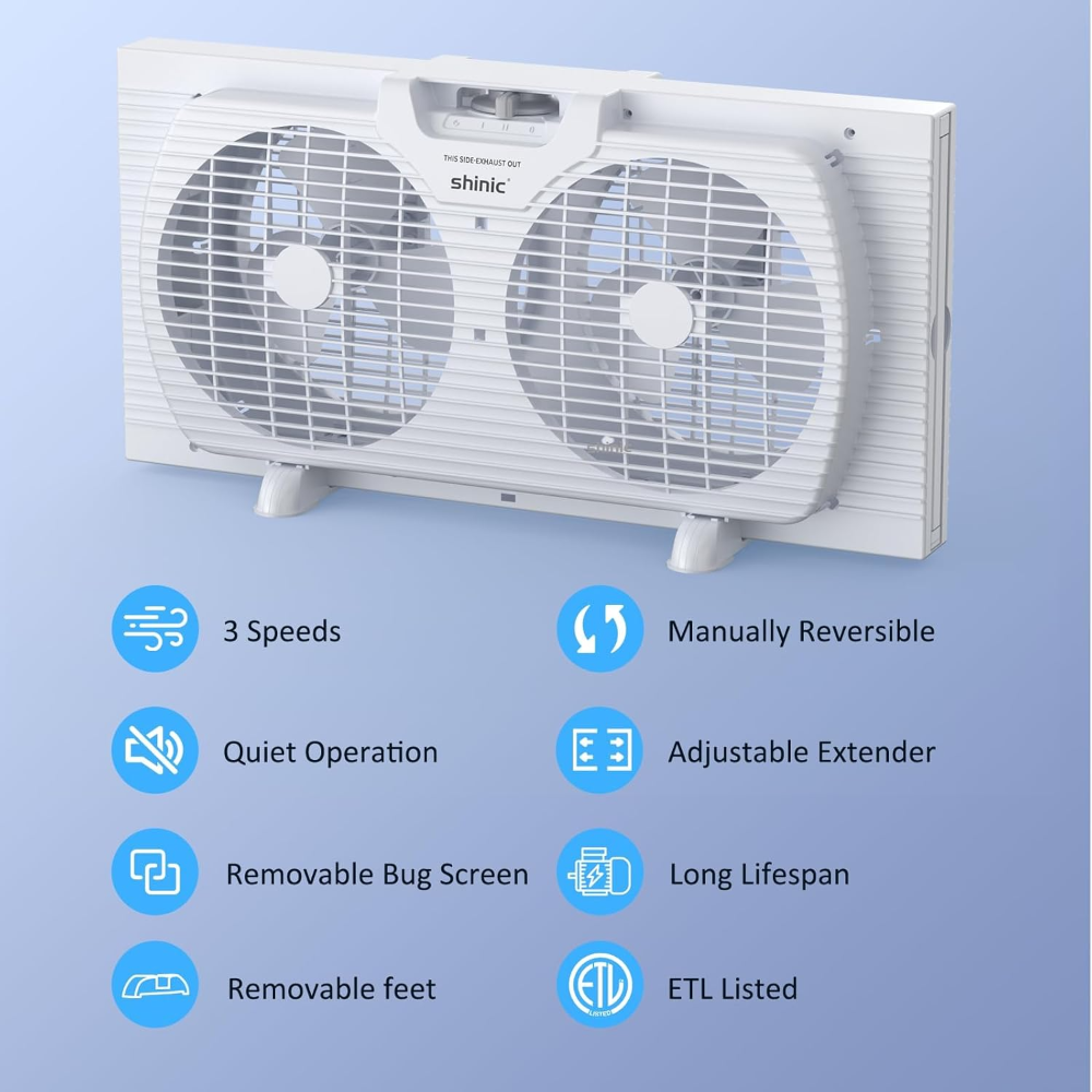 shinic Ventilador de ventana pequeña, modo silencioso, 3 ajustes de velocidad, con gastadores de bloqueo automático y pantalla de insectos extraíble, listado ETL, ventilador de ventana pequeño - Imagen 3