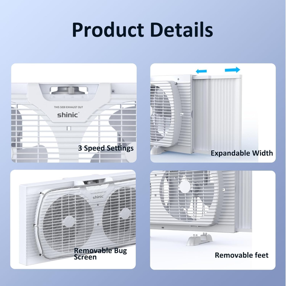 shinic Ventilador de ventana pequeña, modo silencioso, 3 ajustes de velocidad, con gastadores de bloqueo automático y pantalla de insectos extraíble, listado ETL, ventilador de ventana pequeño - Imagen 4