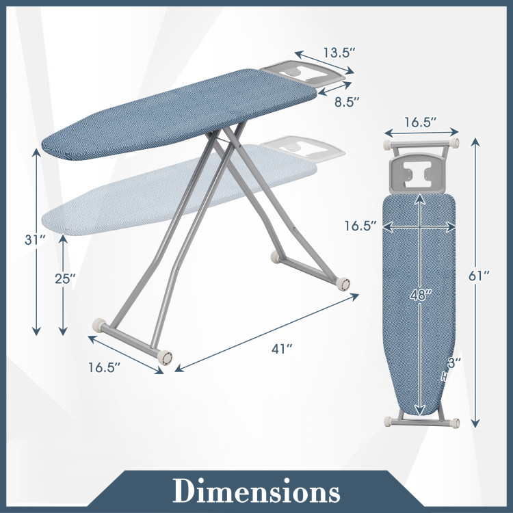 Mesa de planchar de acero al carbono de 57" x 16,5" con soporte para plancha y 7 niveles de altura - Imagen 2