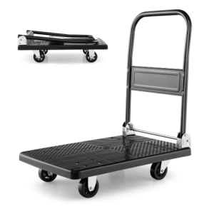 Carrito de empuje plegable Costway: plataforma robusta con ruedas 360° y capacidad de 440 lb, ideal para transportar cargas pesadas con facilidad. VALORADO