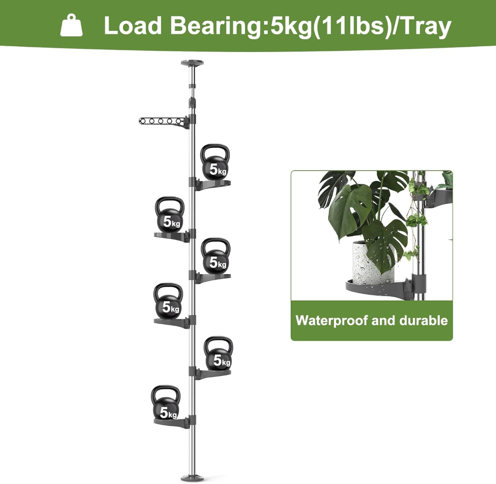 Barra de tensión de resorte para plantas de interior de 7 niveles o como organizador de ducha, ampliable, soporte de exhibición, estante de almacenamiento de esquina de metal. - Imagen 2