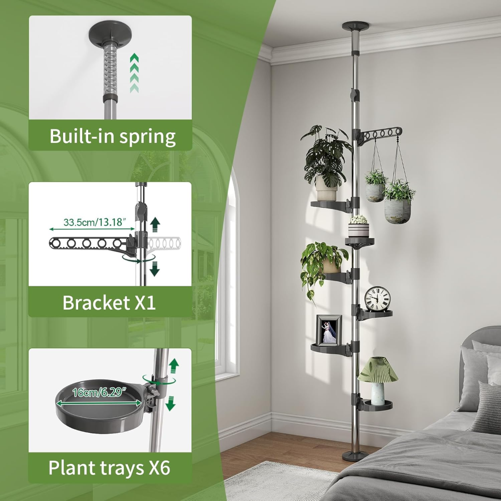 Barra de tensión de resorte para plantas de interior de 7 niveles o como organizador de ducha, ampliable, soporte de exhibición, estante de almacenamiento de esquina de metal. - Imagen 5