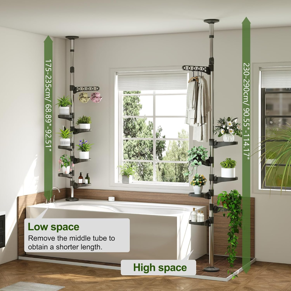 Barra de tensión de resorte para plantas de interior de 7 niveles o como organizador de ducha, ampliable, soporte de exhibición, estante de almacenamiento de esquina de metal. - Imagen 6