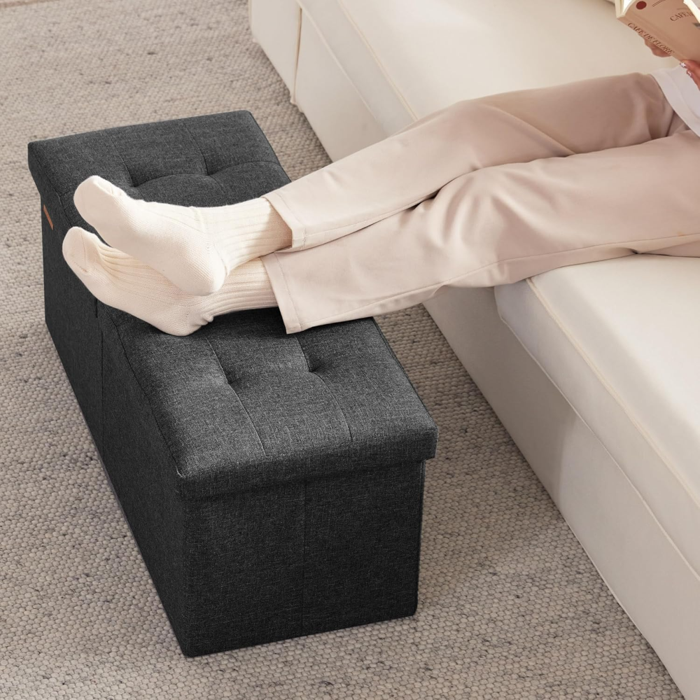Otomana de 31.5 pulgadas con almacenamiento, banco otomano plegable pequeño reposapiés, banco de dormitorio con tapa abatible, color negro lino - Imagen 3