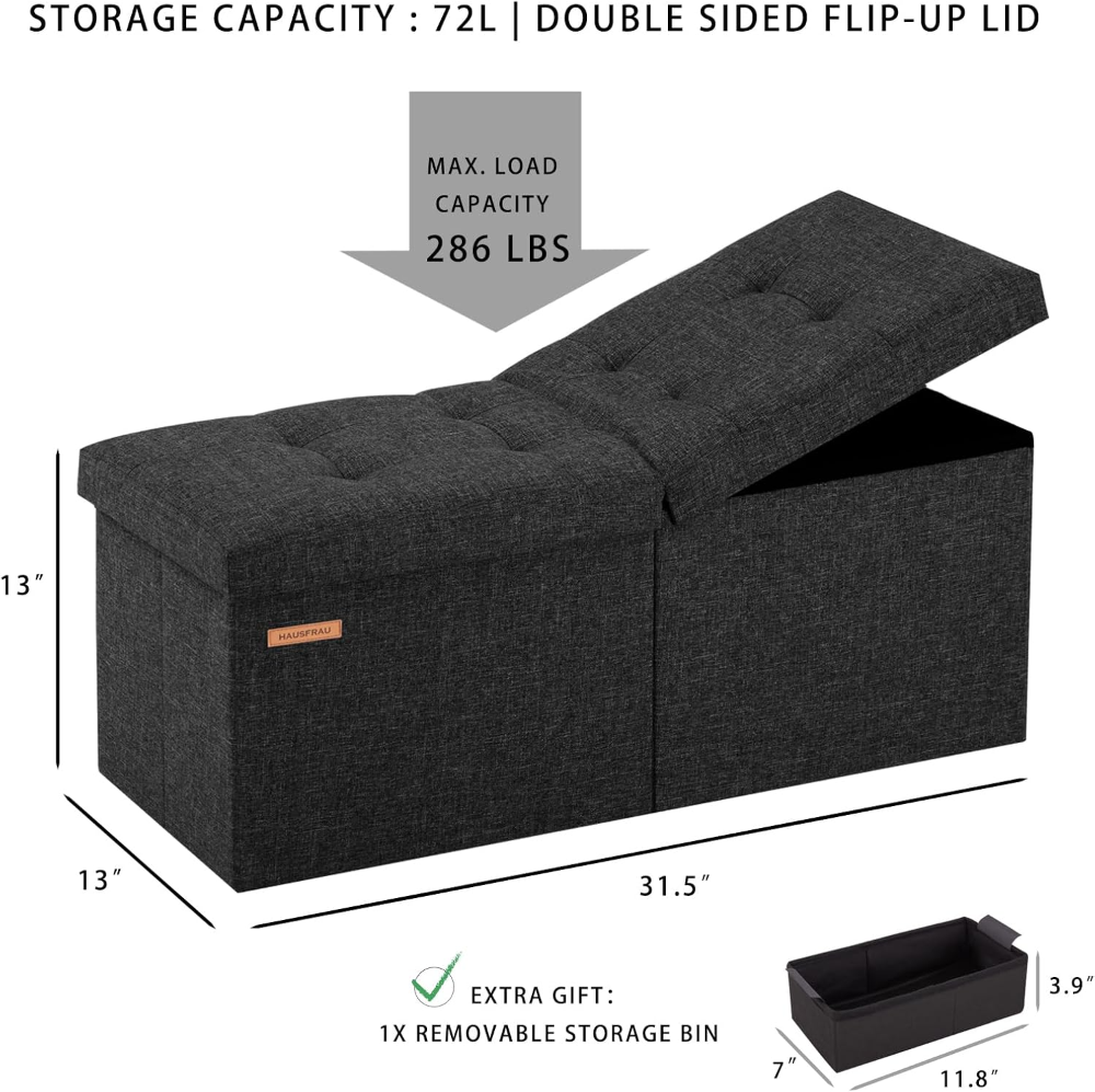 Otomana de 31.5 pulgadas con almacenamiento, banco otomano plegable pequeño reposapiés, banco de dormitorio con tapa abatible, color negro lino - Imagen 4