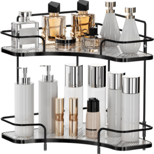 Organizador de esquina de 2 niveles para encimera de baño, organizador cosmético para el cuidado de la piel, bandeja de perfume para encimera de baño, organizador de tocador, estante de almacenamiento
