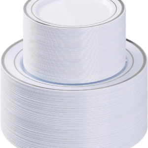 BESTVIP 200 platos de plástico plateados, platos desechables para fiestas con 100 platos llanos y 100 platos de postre