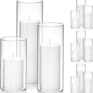 Juego de 12 velas de pilar blancas con soportes de vidrio transparente para huracanes, elegantes jarrones cilíndricos para bodas, fiestas, centros de mesa, decoración del hogar y la oficina (blanco