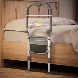 Rieles de cama para adultos mayores, riel de asistencia de cama plegable de seguridad con altura ajustable, mango antideslizante, luz con sensor de movimiento y bolsa de almacenamiento