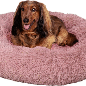Cama redonda para mascotas de 34 x 34 pulgadas de piel sintética bohemia glamorosa con forma de dona calmante