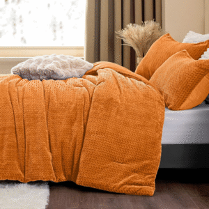 Edredón de franela polar tamaño king, piel sintética con hojas naranja quemado. Ultrasuave, cálido y elegante; incluye 2 fundas de almohada. Ideal invierno.
