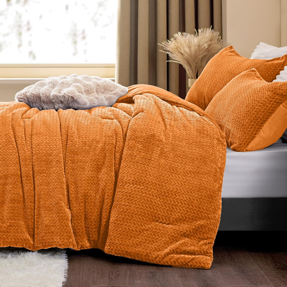 Edredón de franela polar tamaño king, piel sintética con hojas naranja quemado. Ultrasuave, cálido y elegante; incluye 2 fundas de almohada. Ideal invierno.