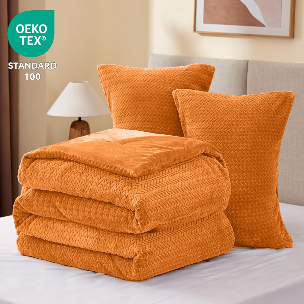 Edredón de franela polar tamaño king, piel sintética con hojas naranja quemado. Ultrasuave, cálido y elegante; incluye 2 fundas de almohada. Ideal invierno. - Imagen 2