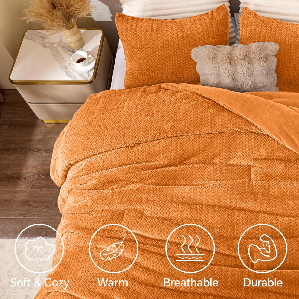 Edredón de franela polar tamaño king, piel sintética con hojas naranja quemado. Ultrasuave, cálido y elegante; incluye 2 fundas de almohada. Ideal invierno. - Imagen 3