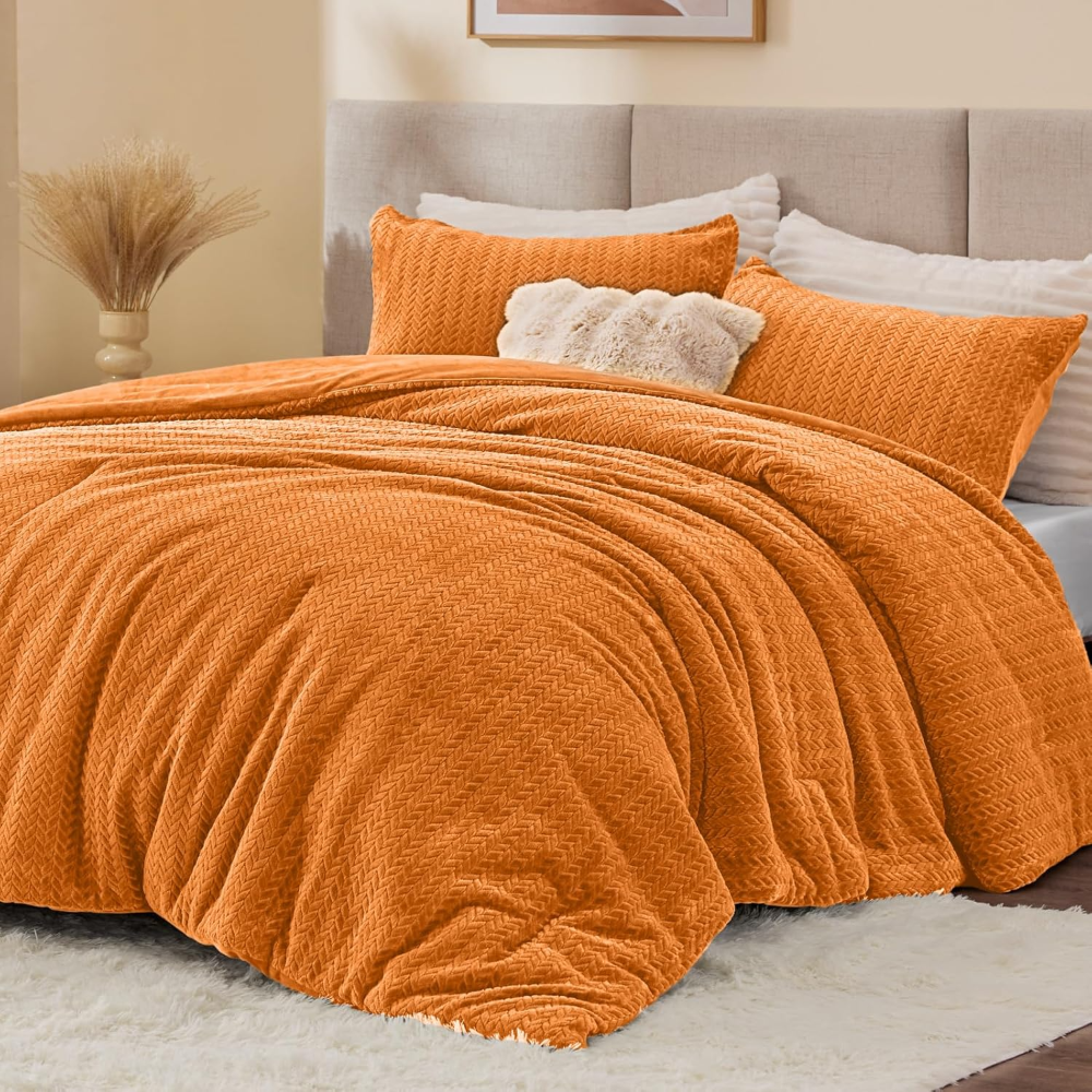 Edredón de franela polar tamaño king, piel sintética con hojas naranja quemado. Ultrasuave, cálido y elegante; incluye 2 fundas de almohada. Ideal invierno. - Imagen 4