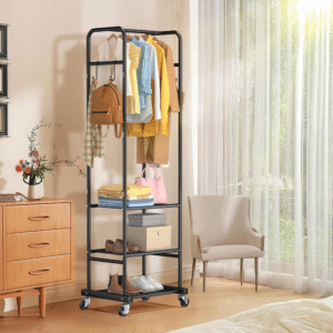 Perchero con ruedas, perchero independiente con 3 estantes de metal para colgar ropa, barra colgante portátil para habitación pequeña, dormitorio, baño (negro)