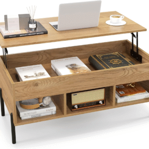Mesa de centro LDAILY con tapa elevable: estilo mid-century, madera moderna, compartimento oculto y 3 estantes de almacenamiento; ideal para sala u oficina.