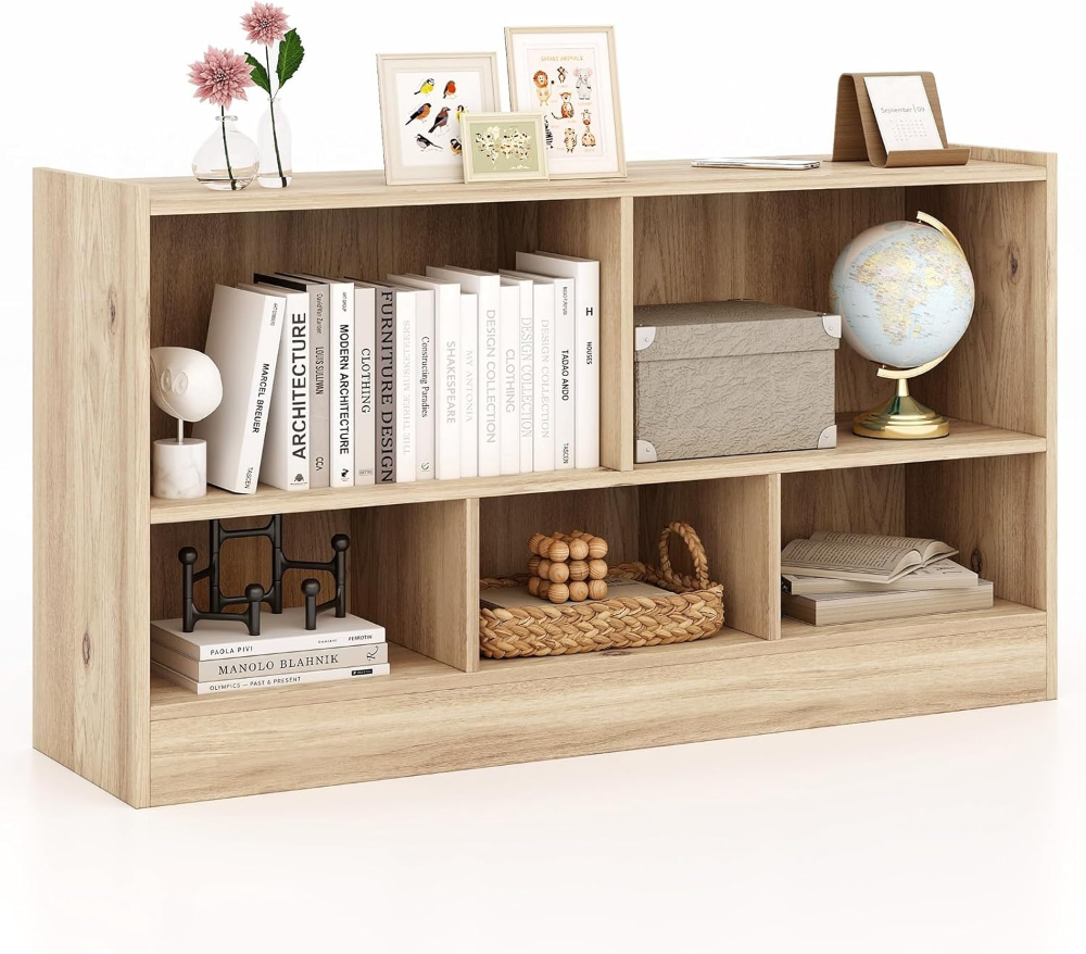 Organizador de almacenamiento de 5 cubos, estantería horizontal de 2 niveles, estantes de madera para oficina en casa, aula, estantería baja debajo de la ventana