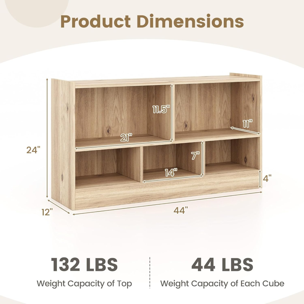 Organizador de almacenamiento de 5 cubos, estantería horizontal de 2 niveles, estantes de madera para oficina en casa, aula, estantería baja debajo de la ventana - Imagen 2