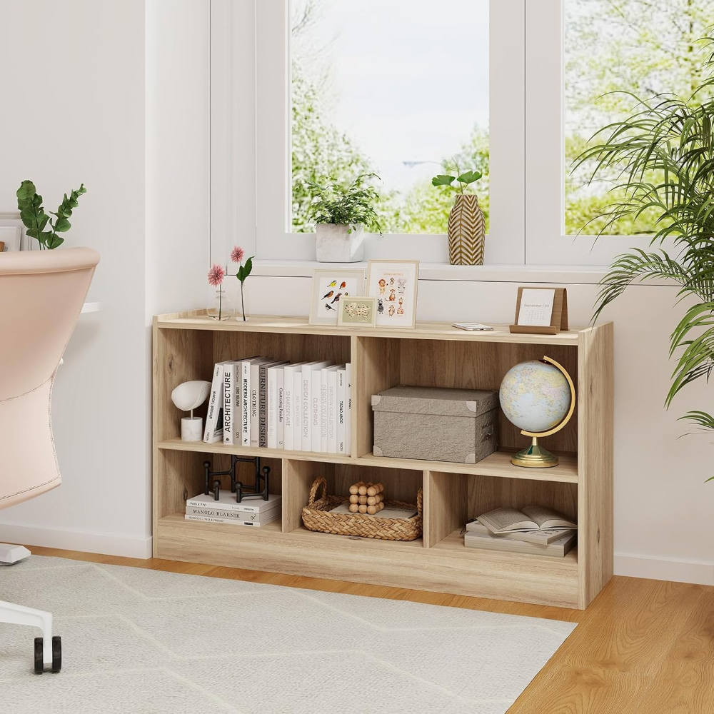 Organizador de almacenamiento de 5 cubos, estantería horizontal de 2 niveles, estantes de madera para oficina en casa, aula, estantería baja debajo de la ventana - Imagen 3