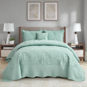 Colcha  King, botánica de gran tamaño. Juego de edredón con costuras con patrón de hojas. Colchas de ropa de cama de estilo elegante y fresco, reversible, ligero, 5 piezas, color Vidrio marino.