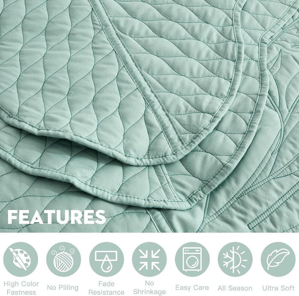 Colcha King, botánica de gran tamaño. Juego de edredón con costuras con patrón de hojas. Colchas de ropa de cama de estilo elegante y fresco, reversible, ligero, 5 piezas, color Vidrio marino. - Imagen 2