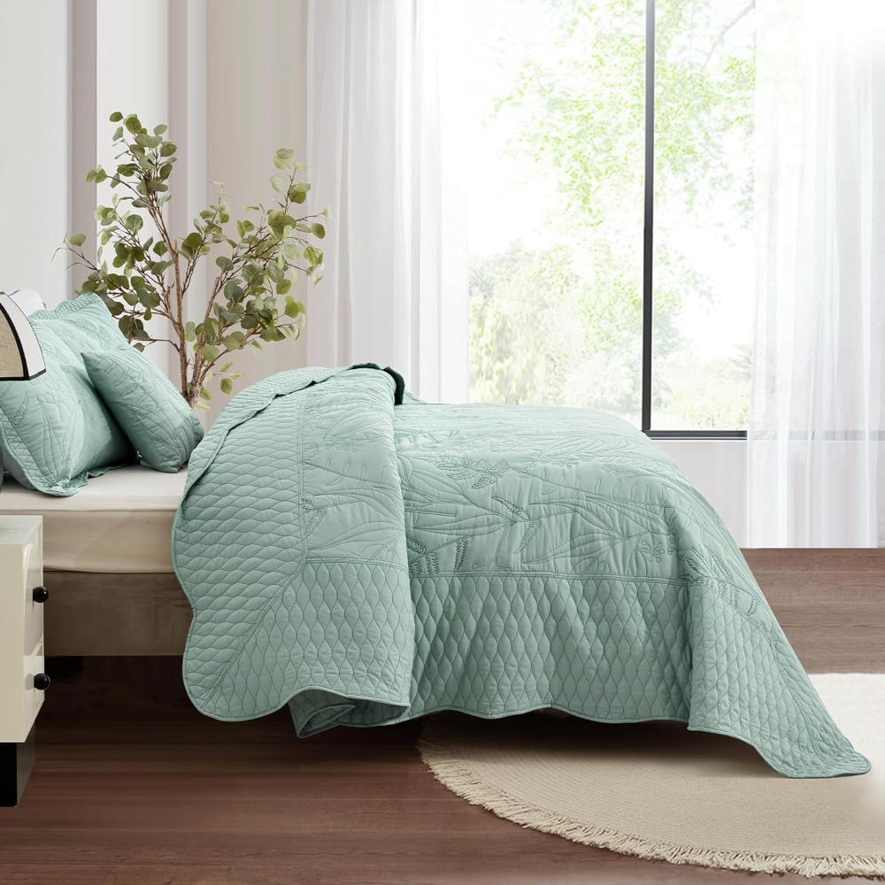 Colcha King, botánica de gran tamaño. Juego de edredón con costuras con patrón de hojas. Colchas de ropa de cama de estilo elegante y fresco, reversible, ligero, 5 piezas, color Vidrio marino. - Imagen 3