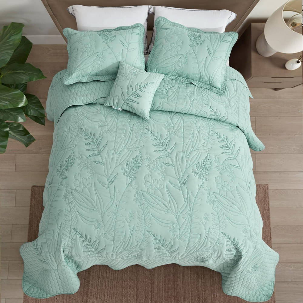 Colcha King, botánica de gran tamaño. Juego de edredón con costuras con patrón de hojas. Colchas de ropa de cama de estilo elegante y fresco, reversible, ligero, 5 piezas, color Vidrio marino. - Imagen 4