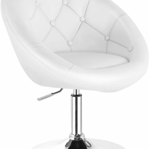 Silla giratoria, estilo contemporáneo y tapizado acentuado, respaldo redondo y cola cromada, Cómoda silla de tocador , silla decorativa, base de acero, Blanco*VALORADO*