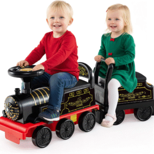 Tren de 2 plazas de 6 V con carruaje, almacenamiento, silbato de tren, música, luces para más de 18 meses (2 plazas, retro)