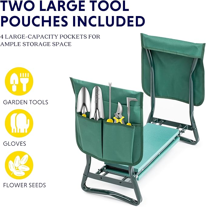 Banco de rodillas plegable para jardín y asiento con almohadilla de espuma EVA resistente y suave para exteriores, pesca, camping, 2 bolsas de herramientas - Imagen 2