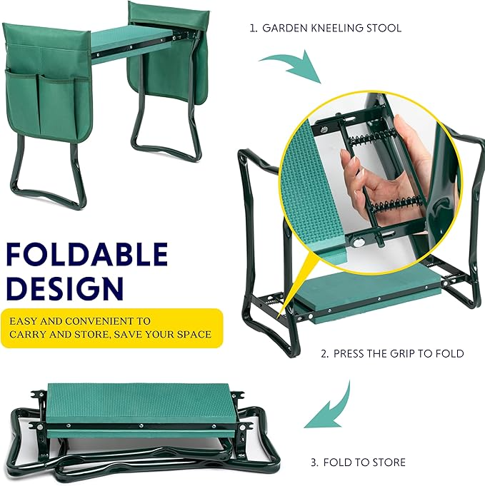 Banco de rodillas plegable para jardín y asiento con almohadilla de espuma EVA resistente y suave para exteriores, pesca, camping, 2 bolsas de herramientas - Imagen 3