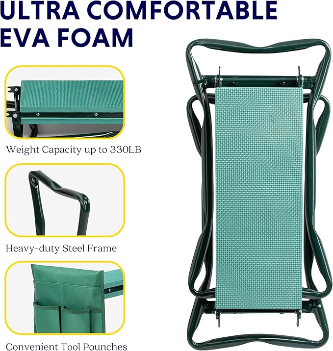 Banco de rodillas plegable para jardín y asiento con almohadilla de espuma EVA resistente y suave para exteriores, pesca, camping, 2 bolsas de herramientas - Imagen 4