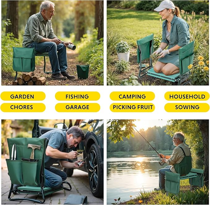 Banco de rodillas plegable para jardín y asiento con almohadilla de espuma EVA resistente y suave para exteriores, pesca, camping, 2 bolsas de herramientas - Imagen 6