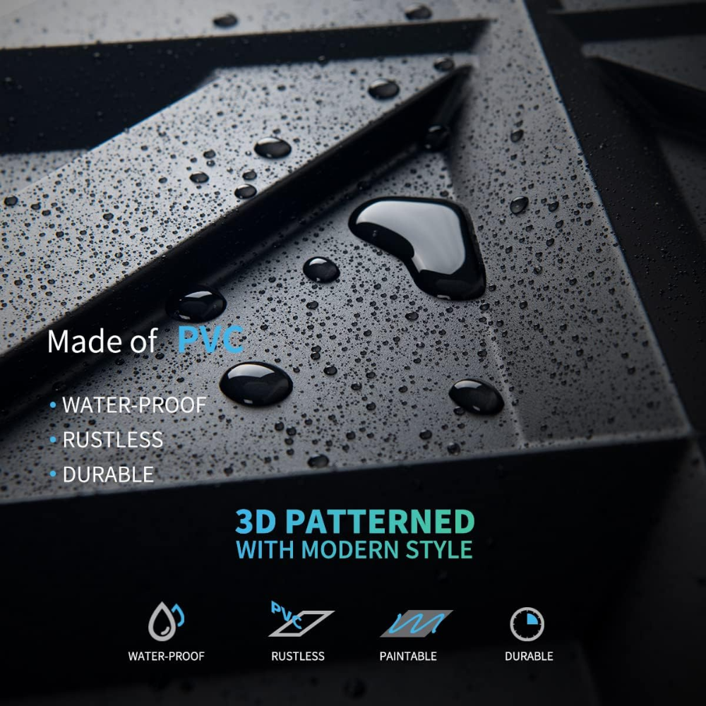 Art3d Panel de pared 3D de PVC, azulejos decorativos de pared en negro, paquete de 12 unidades , 44 x 44 cm - Imagen 3