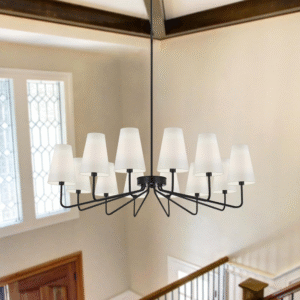 Peblto Candelabros clásicos negros con tela brillante, lámpara colgante de granja de 12 luces, iluminación colgante de techo de 41.75 pulgadas para cocina, recámara, comedor, sala de estar, escalera