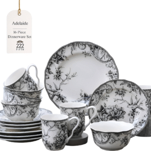 Juego de vajilla 222 Fifth Adelaide ?? de 13 piezas en porcelana negra con diseño de aves y flores. Elegante, resistente y apto para microondas y lavavajillas. VALORADO