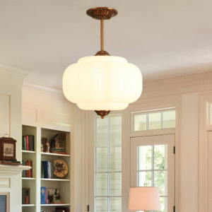 Lámpara de techo semiempotrada vintage de 15 pulgadas, lámpara de cristal de leche con acabado de latón antiguo, lámparas colgantes modernas de mediados de siglo