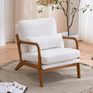 Sillón Mid-Century con marco de madera maciza, silla de sala de estar con respaldo acolchado extra grueso y cojín de asiento, sofá individuales con pies antideslizantes, respaldo inclinado