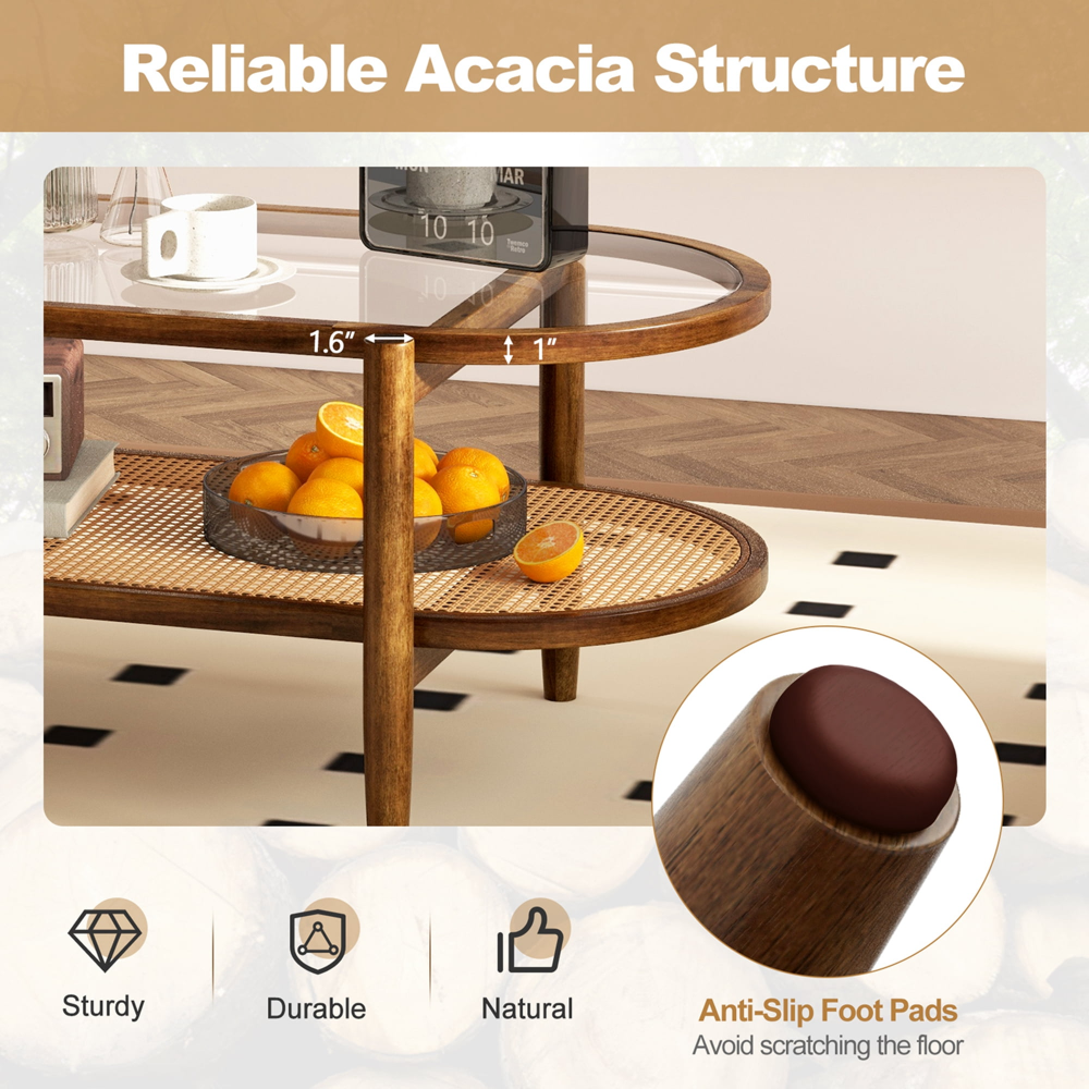Mesa de Centro de 2 Niveles con Tapa de Vidrio Templado, Estante de Ratán PE y Estructura de Madera de Acacia Marrón - Imagen 2