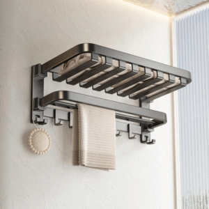 Toallero de baño con doble toallero, estante plegable para toallas montado en la pared con ganchos
