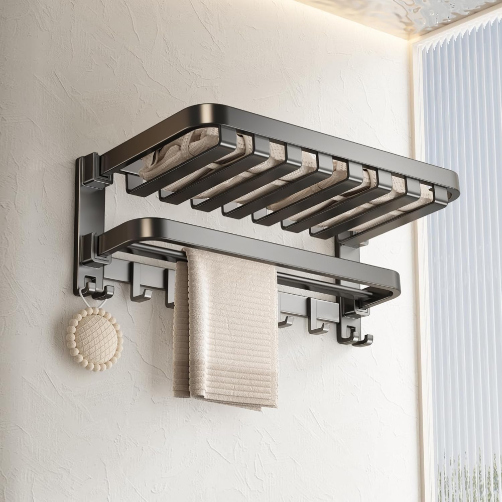 Toallero de baño con doble toallero, estante plegable para toallas montado en la pared con ganchos