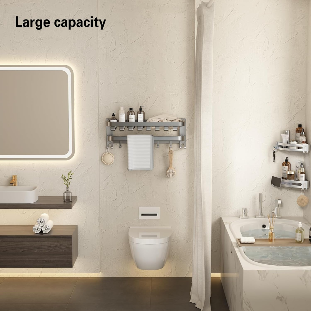 Toallero de baño con doble toallero, estante plegable para toallas montado en la pared con ganchos - Imagen 4